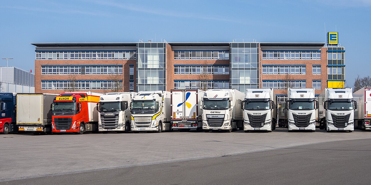 Trucks and loading bays at a large logistics distribution centre