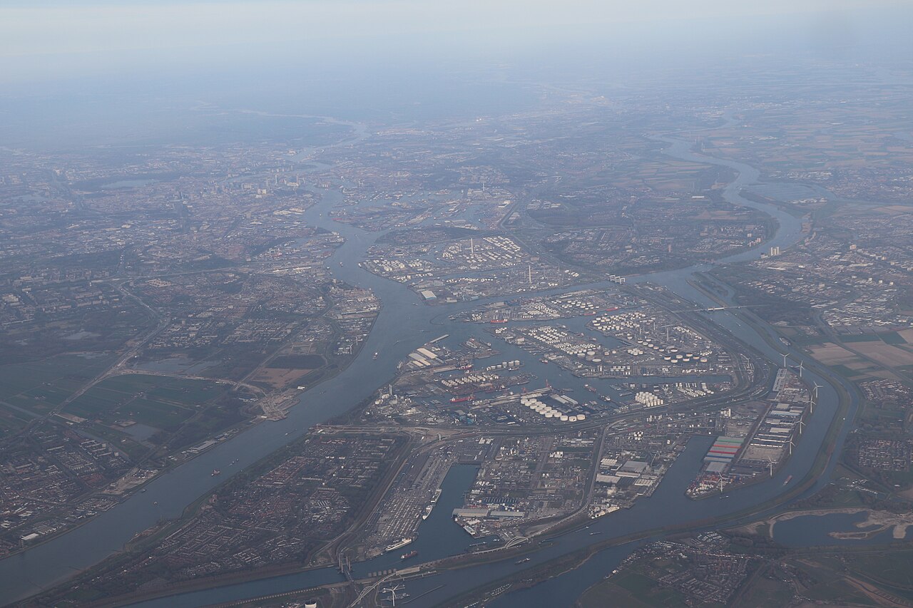 Aerial view of the Port of Rotterdam with docks, vessels and transport infrastructure