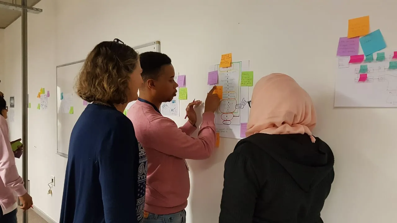 A team discussing processes and organising ideas during a workshop.