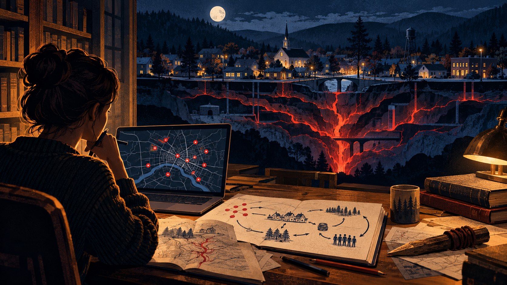 An original editorial illustration of an investigator comparing an incident dashboard with a glowing network beneath a fictional town